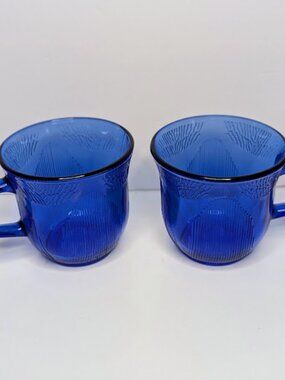 Vintage Forte Crisa Cobalt Blue Glass Mug Set of 2 Sunflower Coffee Cups